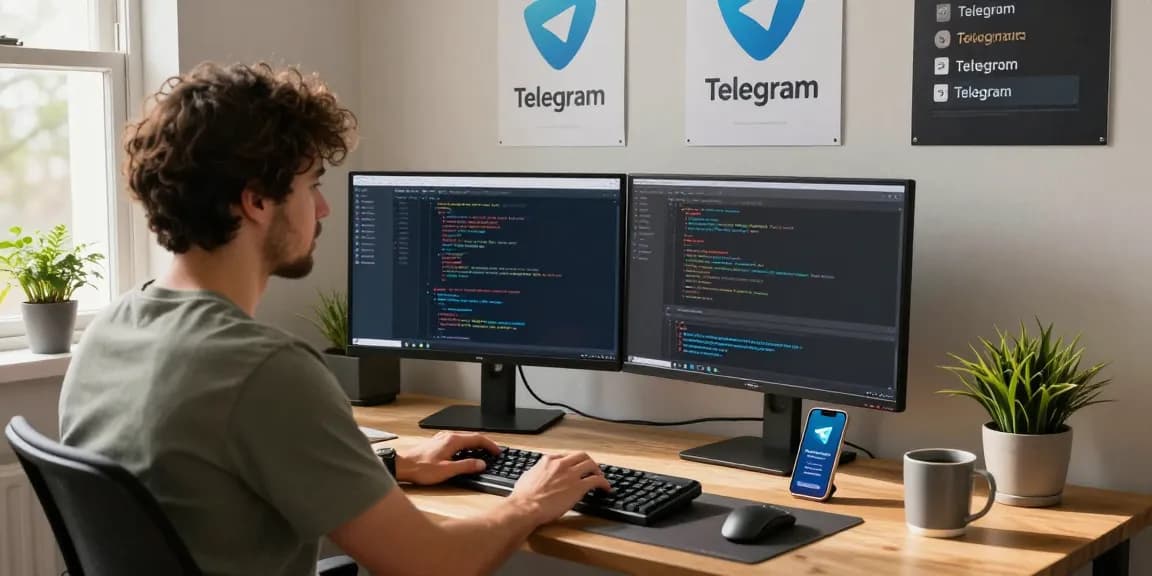 Developer using Telegram下载 at a modern workspace with dual monitors and natural light.