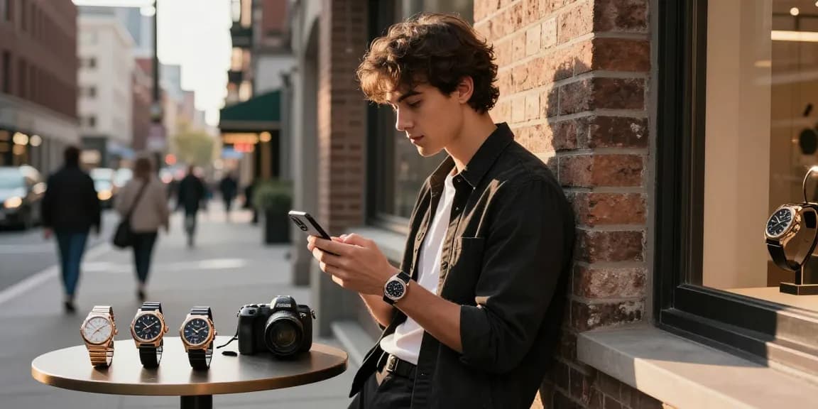 Stylish individual checking smartphone while showcasing luxury clone watches in a vibrant urban setting.