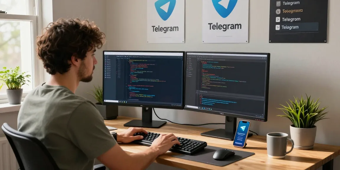 Developer using Telegram下载 at a modern workspace with dual monitors and natural light.
