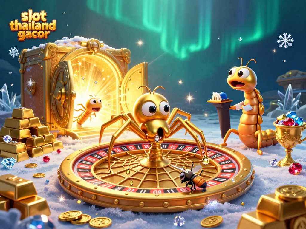 Play slots at slot thailand gacor with a dynamic scene featuring cartoon characters and gold treasures.