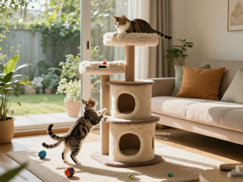 Playful cats climbing on a stylish cat tower cat tree in a sunlit living room.