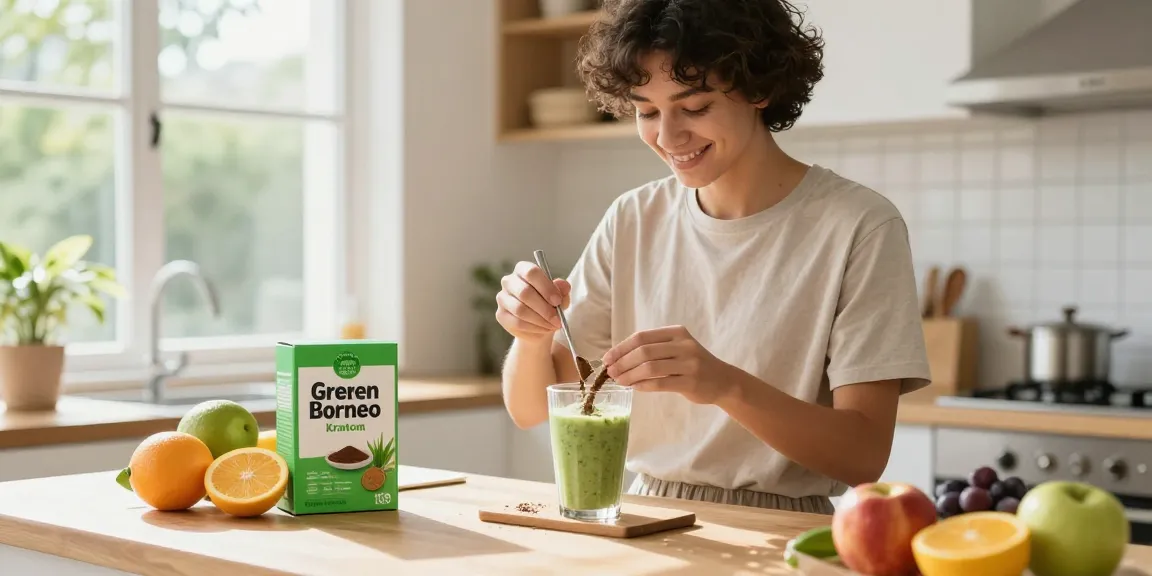 Young person preparing a smoothie with green borneo kratom from Happy Go Leafy in a bright kitchen