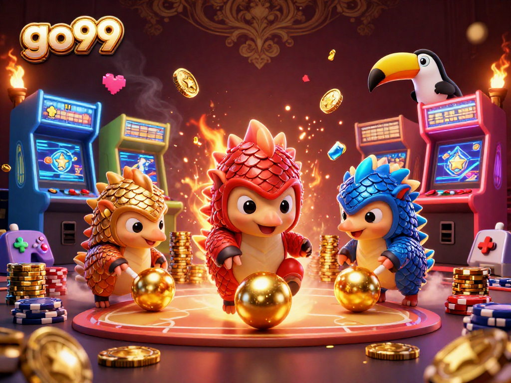 Experience the excitement of go99 with rival pangolins bowling through poker chips in a vibrant casino scene.