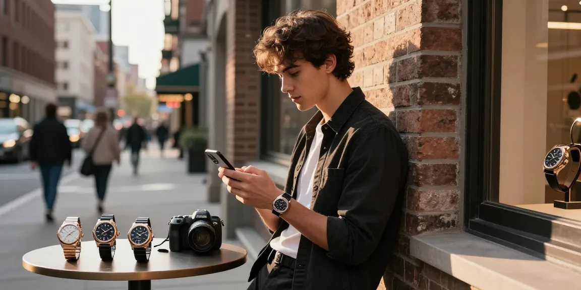 Stylish individual checking smartphone while showcasing luxury clone watches in a vibrant urban setting.