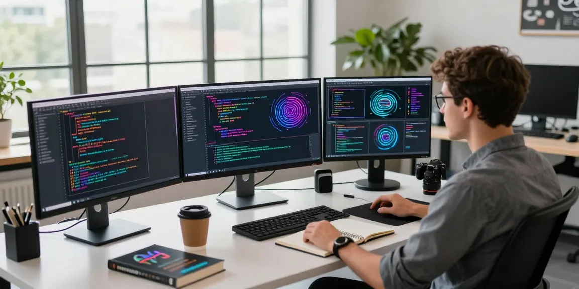 Developer creating generative AI applications in a modern workspace, surrounded by inspiring tech and vibrant code.