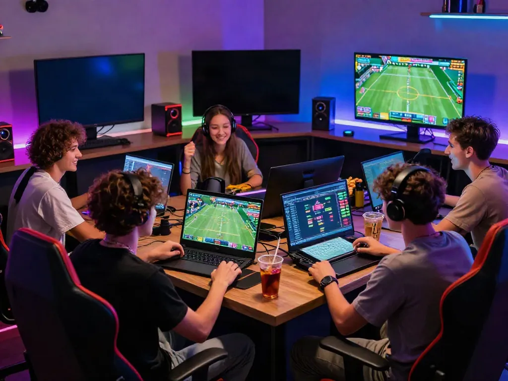 Exciting gaming scene at https://tx88bet.vip/ with friends enjoying digital sports betting in a vibrant lounge.