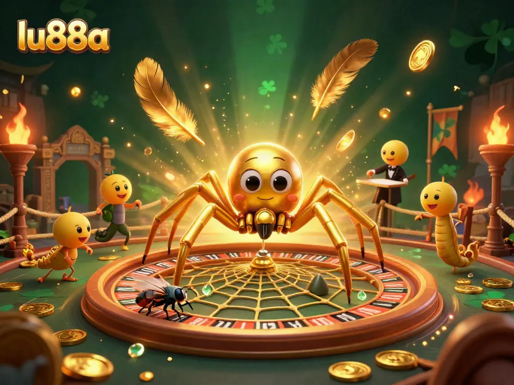 lu88a's thrilling betting scene features a spider and croupier in a vibrant casino atmosphere.