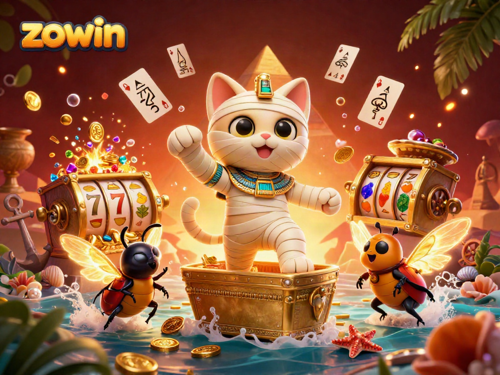 Engage with zowin's vibrant pyramid casino scene featuring a mummy cat and scarab beetle amidst floating playing cards.