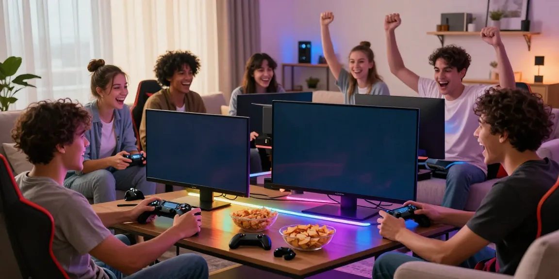 Friends enjoying an exhilarating debet online gaming session in a lively living room.