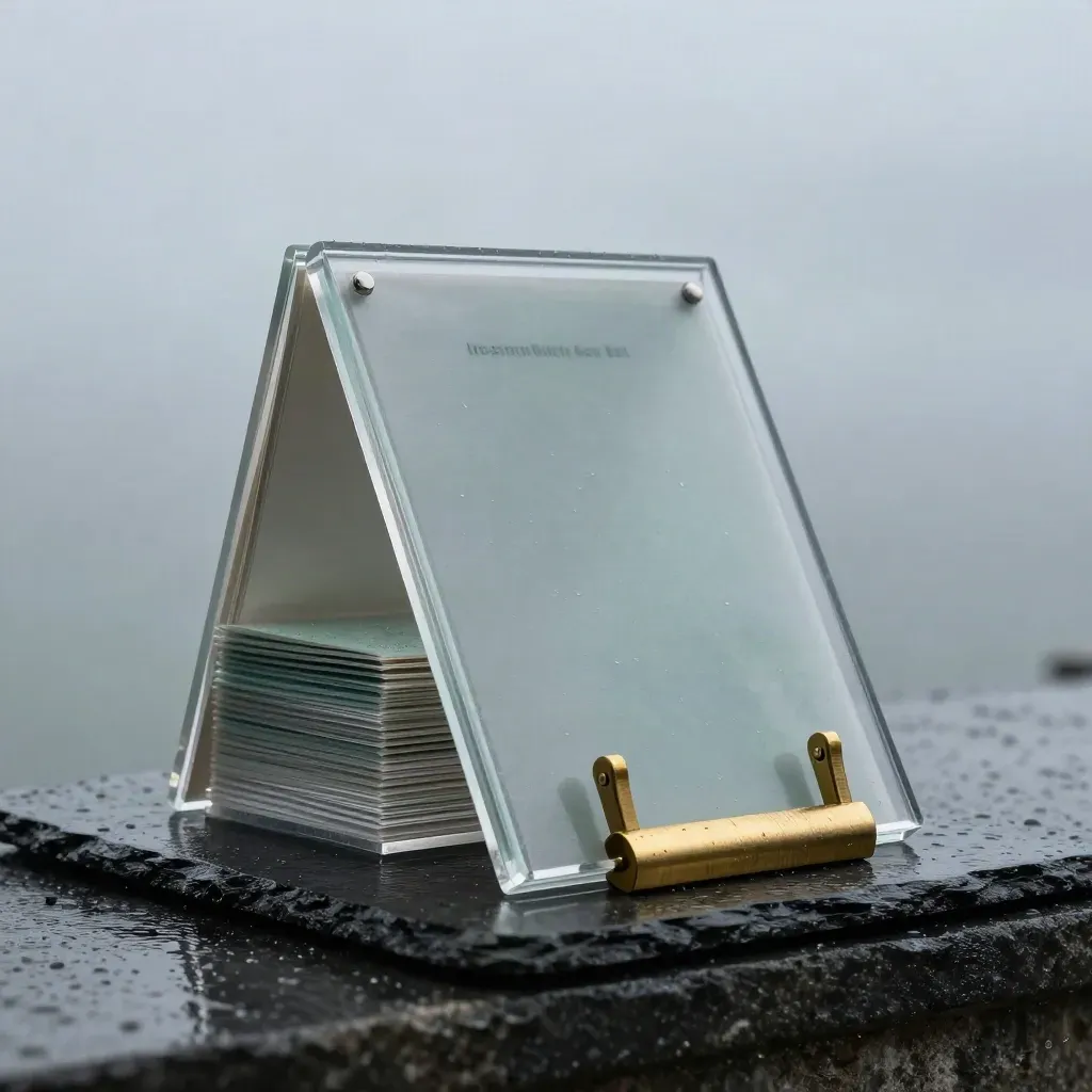 Acrylic menu holders and brass rails on wet slate under cool rim light