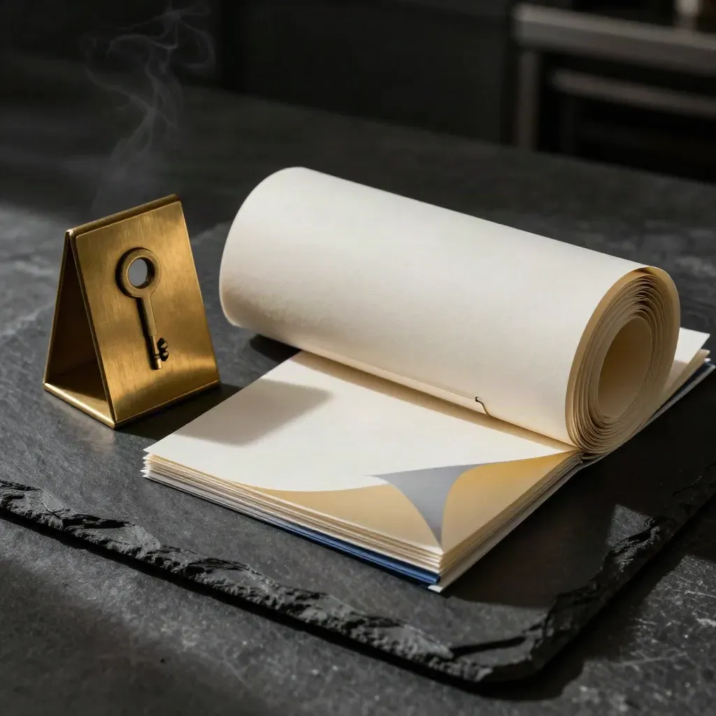 Brass table number, menu inserts and paper trimmer on dark stone in dramatic low-key light