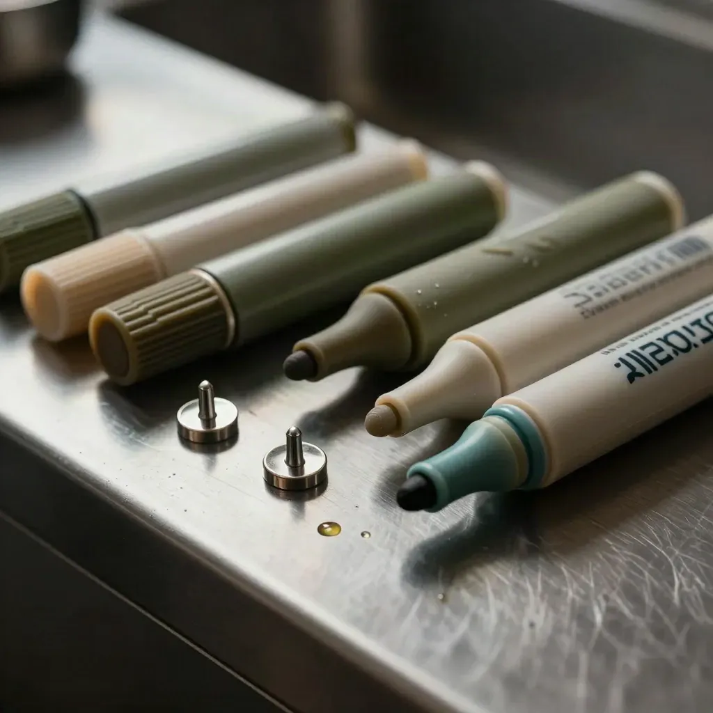 Macro still life of teal prep markers, silicone heads and steel label pins on a brushed metal ledge.