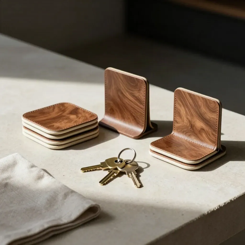 Three menu holders, coaster stacks, and a key ring on pale stone in soft daylight.