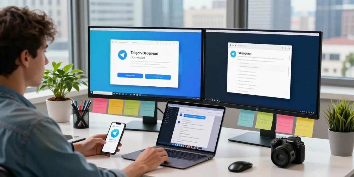 Exciting Telegram Download scene showcasing a user at a tech workspace, featuring dual monitors and smartphone notifications.