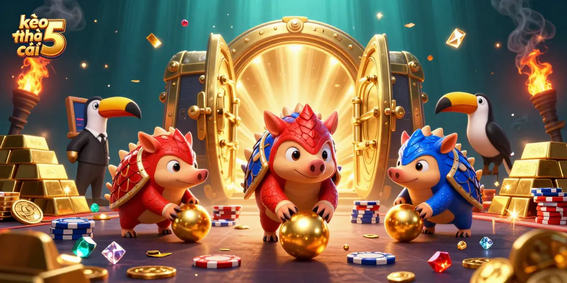 Experience the excitement of kèo nhà cái 5 with cartoon pangolins bowling through poker chips and golden treasures.
