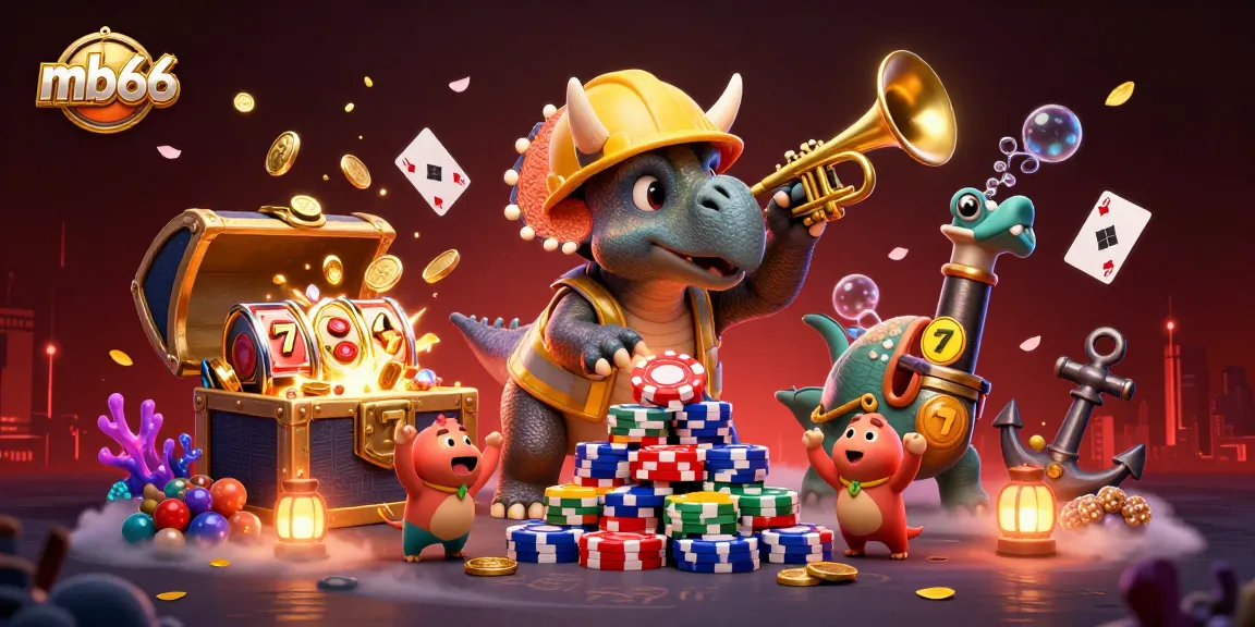 Engage with mb66 as a vibrant 3D casino scene featuring a playful triceratops and dynamic games.
