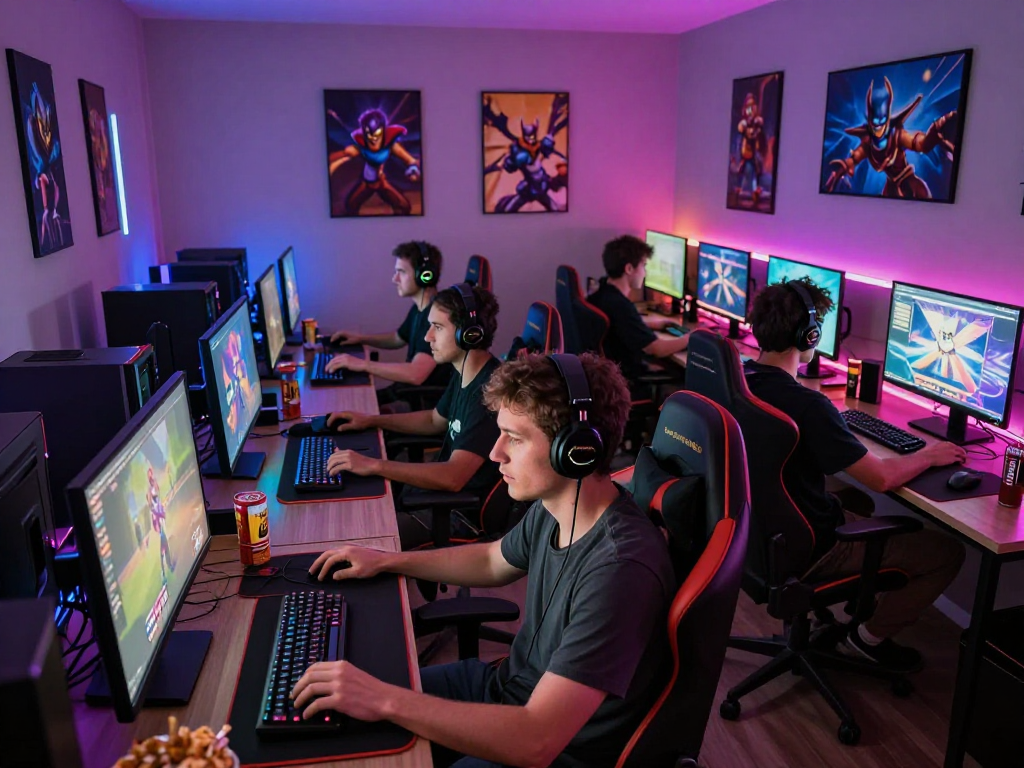 Adult gamers enjoying interactive porngames in a colorful gaming lounge.