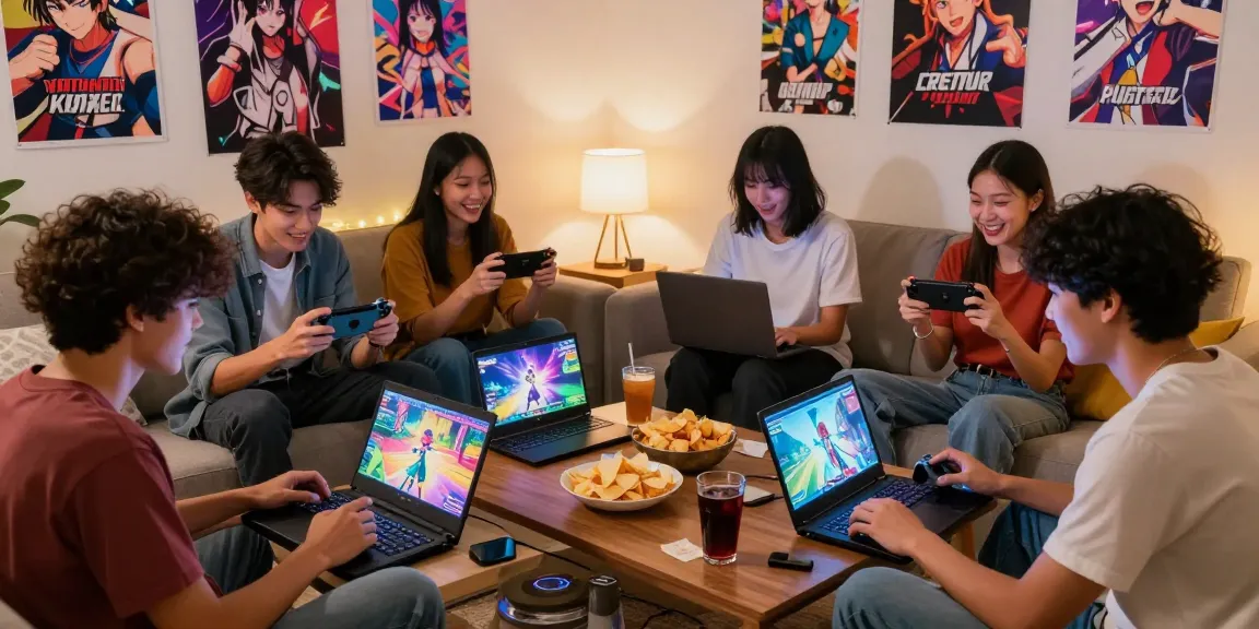 Players enjoying ecchi games together in a lively living room setting, showcasing gaming culture and social moments.