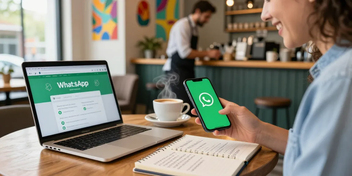 User engaging in WhatsApp下載 on smartphone at a vibrant café, warm inviting atmosphere.