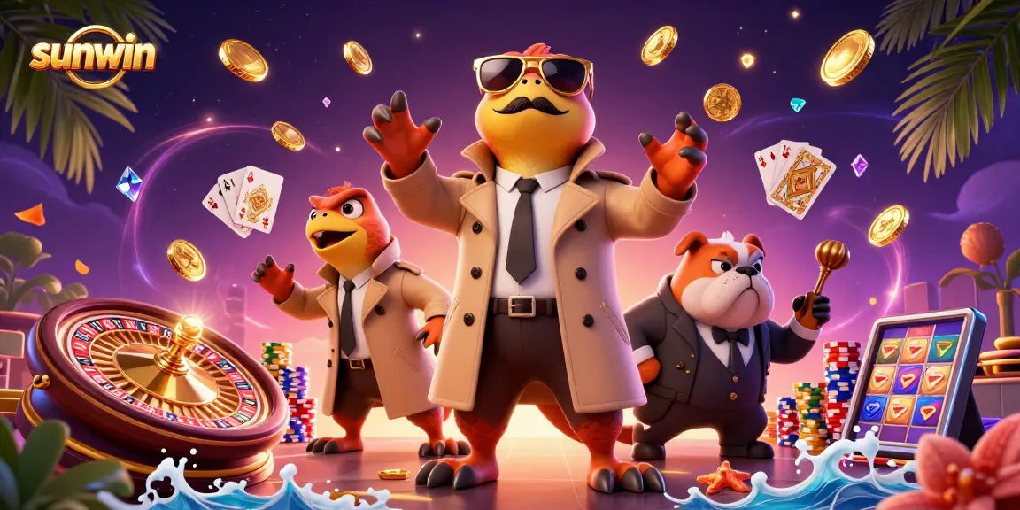 Experience sunwin's gaming excitement with raptors in a trench coat entering a VIP casino lounge filled with golden coins.