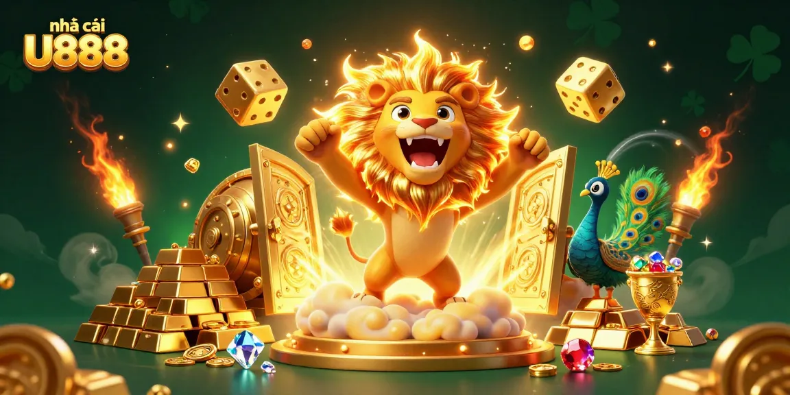 Place bets and win big at nhà cái U888, featuring a vibrant illustration of a triumphant lion and golden dice.