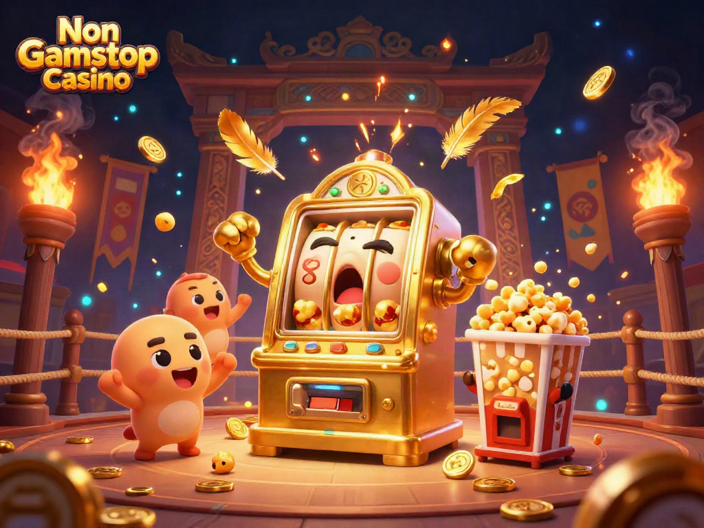 Experience excitement at a Non Gamstop Casino with a golden slot machine hitting a jackpot.