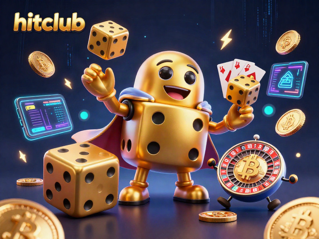 hitclub showcases a vibrant 3D digital illustration of golden dice interacting with crypto elements in a dynamic casino scene