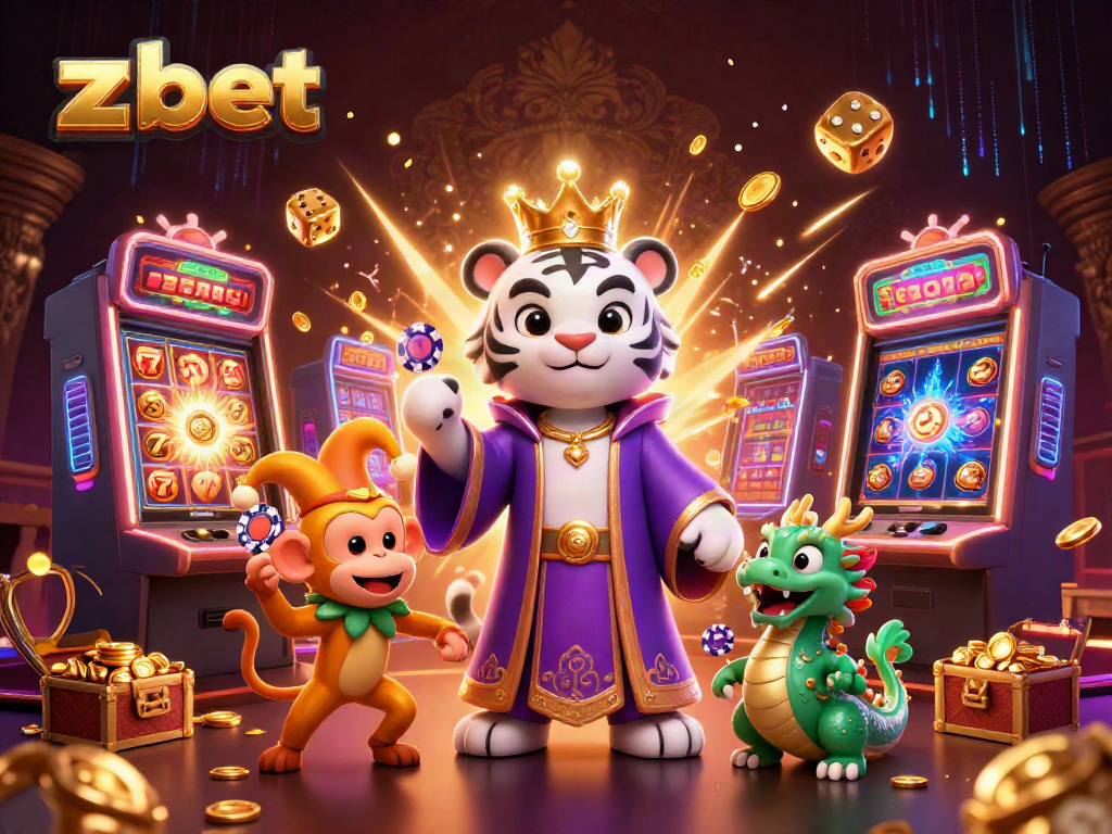 Experience the thrill of ZBET gaming with vibrant 3D casino illustrations featuring dynamic characters and jackpot elements.