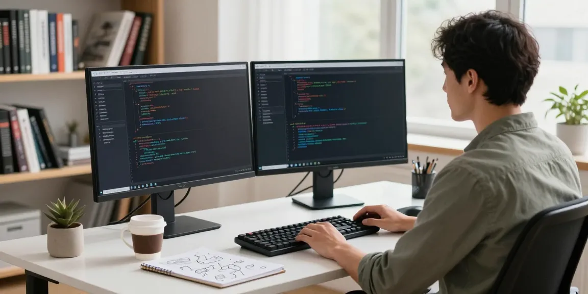 Web developer focused on coding instant indexing software in a modern workspace.
