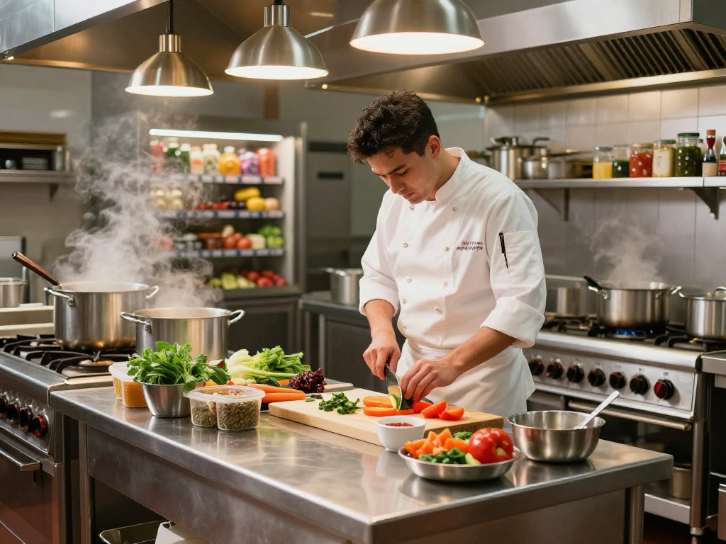 Chef preparing vegetables on stainless steel kitchen tables in a vibrant commercial kitchen, showcasing essential cooking tools.