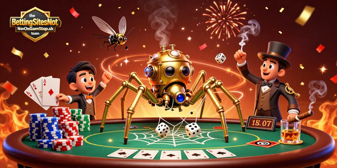 The BettingSitesNotOnGamStop.uk team showcases a vibrant 3D scene with a steampunk spider and poker elements.