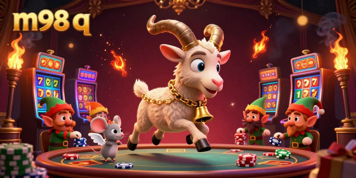 Experience the excitement at m98 q with festive casino characters amidst vibrant gambling elements.