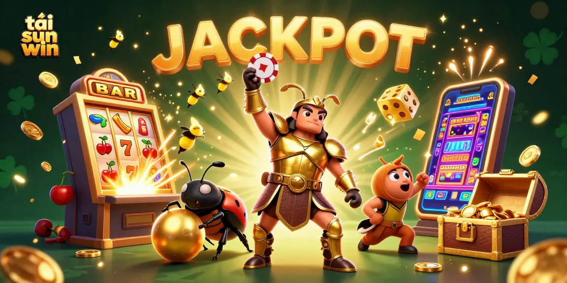 Experience exciting gameplay with tải sun win featuring a victorious beetle and slot machine bursts.