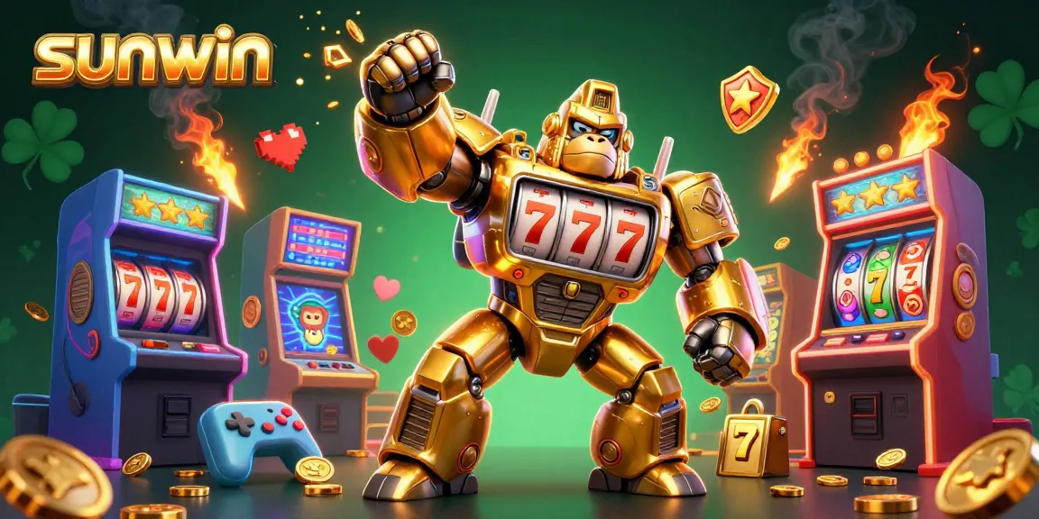 Experience thrilling slots with sunwin's 3D golden gorilla mech showcasing vibrant game action and casino excitement.